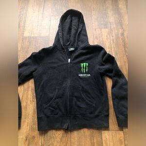 Youth Monster Energy Zip Sweatshirt Hooded Black Front + Back Print Kids Size S?